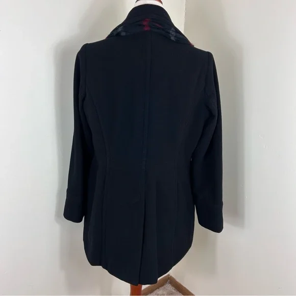 London Fog Womens Medium Black Wool Pea Coat Plaid Scarf Business Professional - Picture 3 of 9